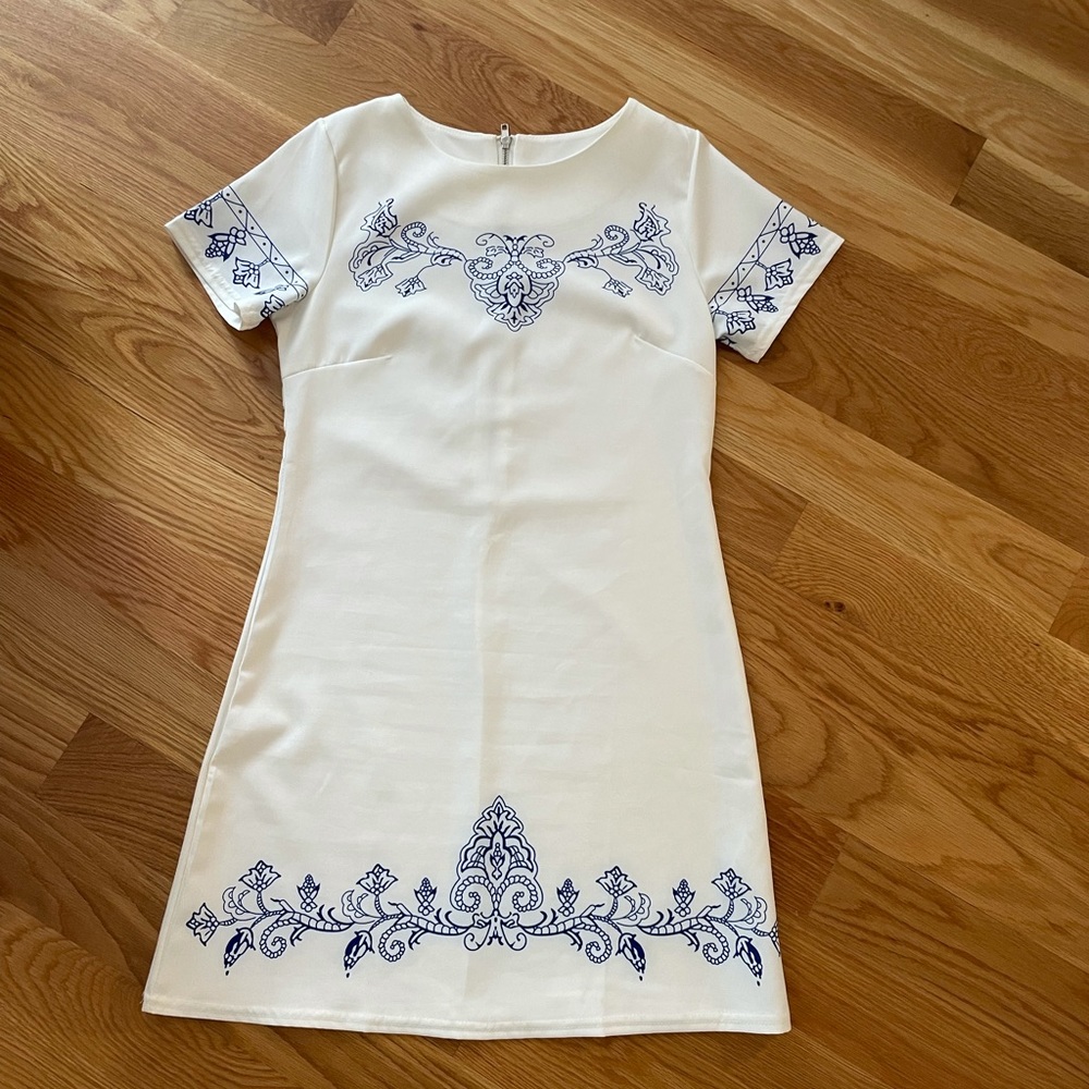 Shein white dress with blue floral pattern